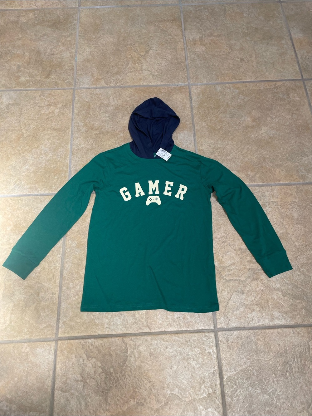 Children’s Place Green Long Sleeve 'GAMER' Hooded Tee with Navy Hood